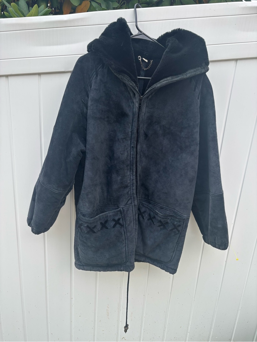 Synergy Women’s Black leather Suede Hooded Puffer Jacket